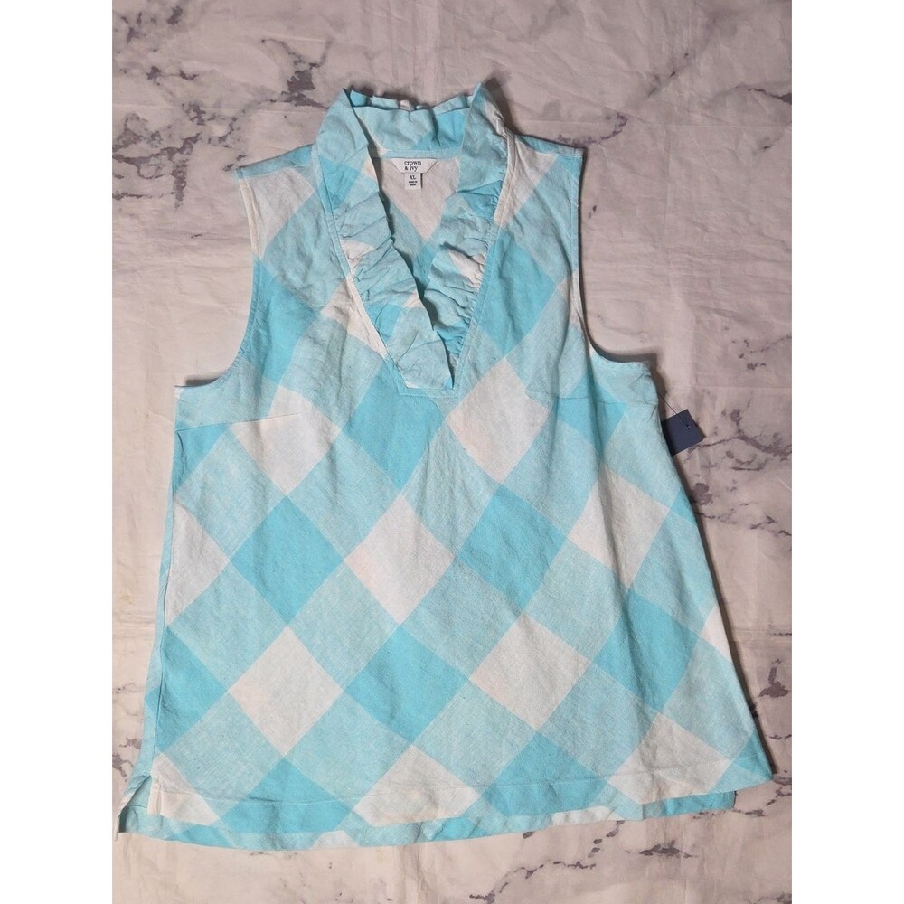 Crown & Ivy Aqua/White Checkered Ruffle Neck Tank Top